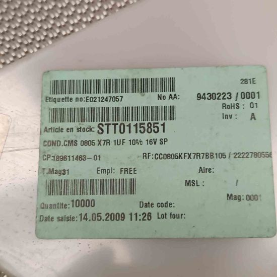 Picture of C0805KFX7R7BB105 1UF 16V 805 CAPACITOR